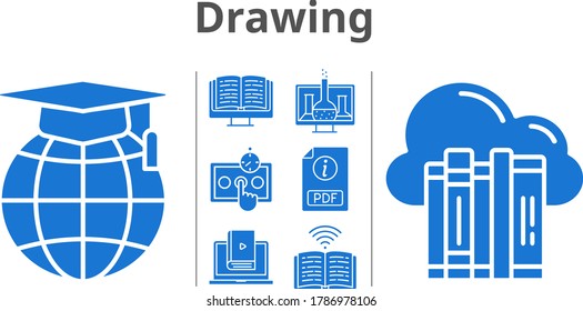 drawing icon set. included chemistry, cloud, ebook, pdf, test, school, learn, book icons. filled styles.