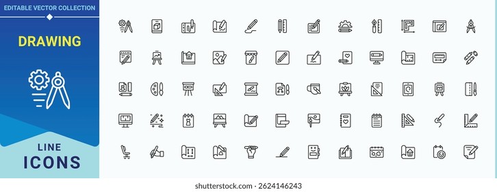 Drawing icon set. Includes thin line symbols art, sketch, paintbrush, draw, graphic, designer and more. Creative icon set. Collection of simple line web icons. Editable stroke. Vector collection.