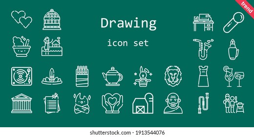 drawing icon set. line icon style. drawing related icons such as dress, father and son, notes, scoop, mortar, cocktails, bird cage, saxophone, teapot, lion, heart, jumping rope, socrates, sticks