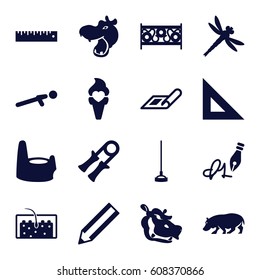 Drawing icons set. set of 16 drawing filled icons such as hippopotamus, plan, baby potty, pencil, hoe, fence, push up, ice cream, hair, ink pen, ruler, dragonfly