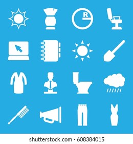 Drawing icons set. set of 16 drawing filled icons such as sun, barber chair, brush, toothbrush, toilet, dress, woman pants, bust, shovel, megaphone, notebook, circle