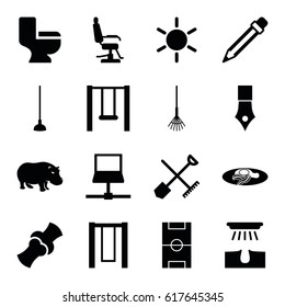 Drawing icons set. set of 16 drawing filled icons such as shovel and rake, hippopotamus, sun, barber chair, hair removal, toilet, fried egg and bacon, rake, hoe, bone, pencil