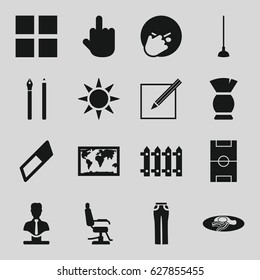 Drawing icons set. set of 16 drawing filled icons such as barber chair, brush, woman pants, bust, facepalm emot, middle finger, fried egg and bacon, hoe, fence, paper and pen