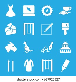 Drawing icons set. set of 16 drawing filled icons such as goat, kangaroo, temple, dress, paint brush, coffee and croissant, swing, cake slice, ink pen, paper and pen