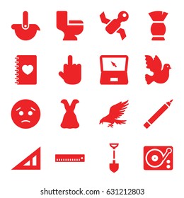Drawing icons set. set of 16 drawing filled icons such as eagle, triangle ruler, brush, pen, dress, shovel, toilet, sad emot, middle finger, notebook with heart, gramophone