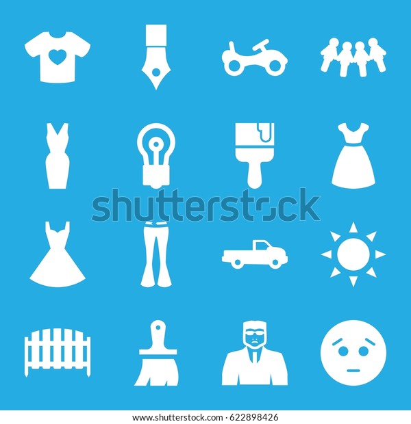 Drawing icons set. set of\
16 drawing filled icons such as sun, car, bike, dress, security\
guy, woman pants, bulb, brush, paint brush, sad emot, fence,\
t-shirt with heart