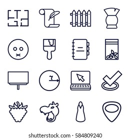 drawing icons set. Set of 16 drawing outline icons such as hippopotamus, brush, dress, feather and paper, board, paint brush, raspberry, fence, seed bag, guitar mediator, plan