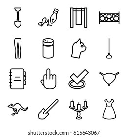 Drawing icons set. set of 16 drawing outline icons such as cangaroo, pepper, dress, woman pants, shovel, hoe, fence, bladder, ink pen, candlestick, notebook, middle finger