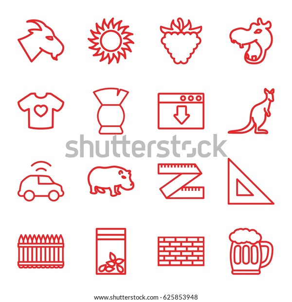 Drawing icons set. set\
of 16 drawing outline icons such as hippopotamus, goat, cangaroo,\
brush, sun, raspberry, seed bag, t-shirt with heart, beer mug, car,\
fence, ruler