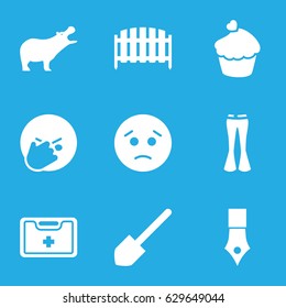 Drawing icons set. set of 9 drawing filled icons such as hippopotamus, woman pants, shovel, sad emot, facepalm emot, fence, muffin, medical kit