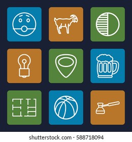 drawing icons set. Set of 9 drawing outline icons such as goat, bulb, basketball, guitar mediator, brightness, plan, beer mug