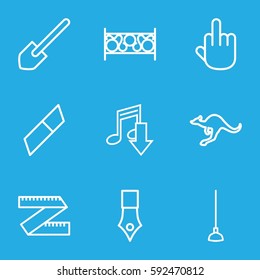 drawing icons set. Set of 9 drawing outline icons such as cangaroo, shovel, hoe, fence, middle finger, eraser, ink pen, measure ruler