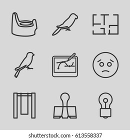Drawing icons set. set of 9 drawing outline icons such as parrot, sparrow, baby potty, bulb, paper clamp, plan, pen tool on tablet, sad emot