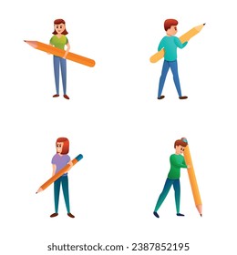 Drawing icons set cartoon vector. Man and woman holding big pencil. Writing, creating, design, blogging concept