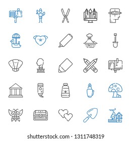 drawing icons set. Collection of drawing with flood, shovel, heart, chest, butterfly, mushroom, fountain pen, oil paint, water, museum, mailbox. Editable and scalable drawing icons.
