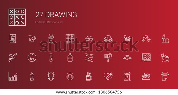 drawing icons set.\
Collection of drawing with mailbox, heart, pencil case, sun, cow,\
pen, bar chart, pie chart, correction fluid, tie, moon. Editable\
and scalable drawing\
icons.