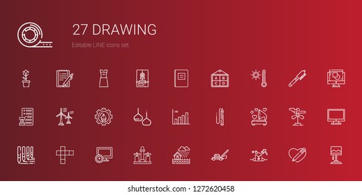 drawing icons set. Collection of drawing with phantom, lawnmower, flood, faucet, computer, hopscotch, brushes, gramophone, pencil, bar chart. Editable and scalable drawing icons.