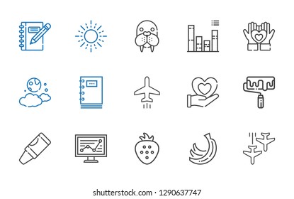 drawing icons set. Collection of drawing with plane, bananas, strawberry, line chart, crayon, roller, heart, notebook, moon, bar chart, walrus. Editable and scalable drawing icons.