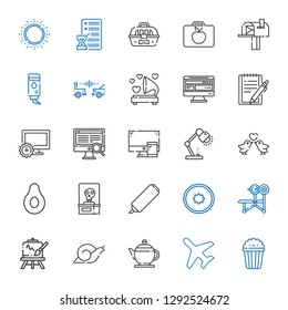 drawing icons set. Collection of drawing with popcorn, plane, teapot, snail, easel, bench, kiwi, highlighter, skeleton, banana, love birds. Editable and scalable drawing icons.