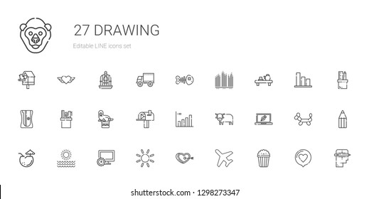 drawing icons set. Collection of drawing with popcorn, plane, heart, sun, computer, coconut, design, ox, bar chart, mailbox, walrus, pencil case. Editable and scalable drawing icons.
