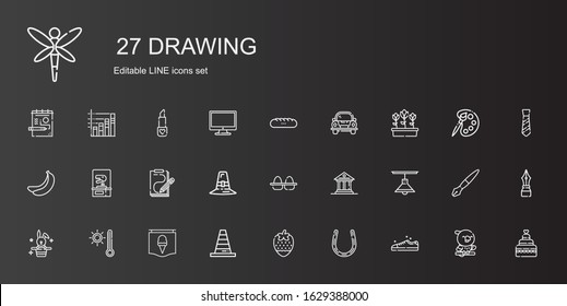 drawing icons set. Collection of drawing with sneakers, horseshoe, strawberry, cone, poster, thermometer, rabbit, lamp, museum, eggs, pilgrim. Editable and scalable drawing icons.