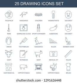 drawing icons. Trendy 25 drawing icons. Contain icons such as facepalm, kangaroo, children, woman pants, sad emot, rake, download cloud, sport expander. drawing icon for web and mobile.