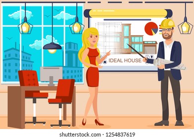 Drawing of Ideal House Concept. Design Department. Architectural Agency Business. Building Project. Construction Control and Building Layout. Smart House Concept. Vector Flat Illustration.