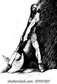 drawing illustration of ancient fantasy warrior with axe