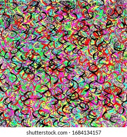 Drawing or illustration of a background or texture with an abstract design. Multicolour, red, yellow, green, black, white. Vector in eps 8 format. Lines, curves and points.