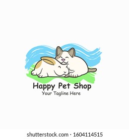 drawing illustration of cat and rabbit  with smile face