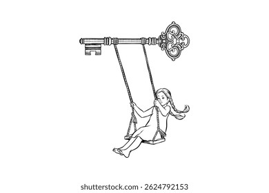 drawing illustration of a child playing on a swing with a key object