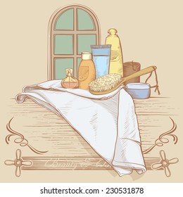 Drawing Illustration with the Composition of Bath Accessories