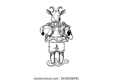 drawing illustration of goat with beach attributes