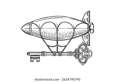 drawing illustration of a hot air balloon carrying a key