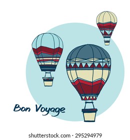 Drawing Illustration of hot air balloons floating in the sky. Represents freedom, travel, mobility, and fun, illustration, background, greeting card. Hot Air Balloon