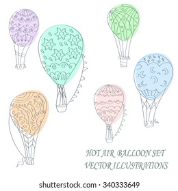 Drawing Illustration of hot air balloons floating in the sky. Represents freedom, travel, mobility, and fun. 