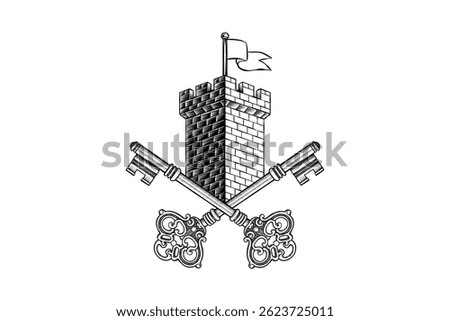 drawing illustration of a key with a castle tower
