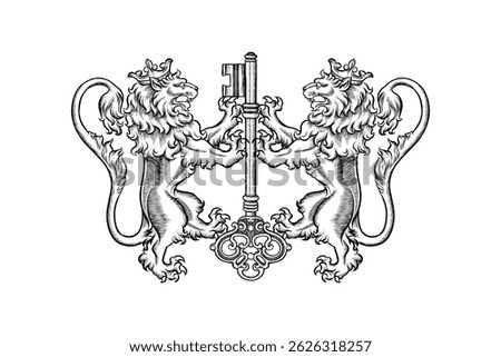 drawing illustration of lion crest logo and key