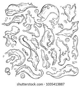 Drawing illustration of liquid shapes different forms. Hand drawn sketch of water, milk or fluid. Decorative abstract collection for drinks or food.