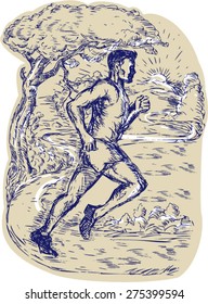 Drawing illustration of a marathon runner running viewed from the side with road trees mountain sun in the background. 