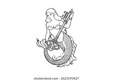 drawing illustration of a mermaid carrying a vintage key