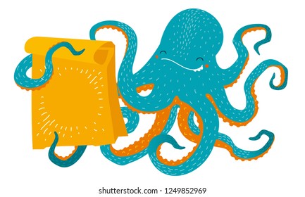 drawing illustration of a merry octopus with a package on a white background