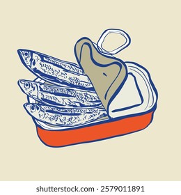 Drawing illustration of an open sardine tin with detailed fish, perfect for seafood packaging, culinary themes, or retro designs.