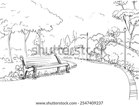 Drawing illustration of a park landscape on the white background. 