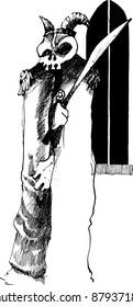 drawing illustration of phantom with skull and sword