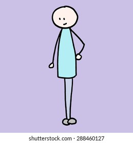 Drawing illustration of simple non gender cartoon person with hand on hip with plain colour background