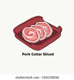 Drawing illustration vector of Pork collar sliced, raw pork meat for Japanese grill, korean grill, thai pan bbq grill. 