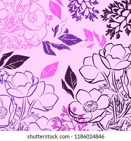 drawing illustration with wild floral for fashion fabric, and all prints on dark purple background colors.