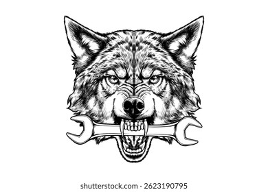 drawing illustration of a wolf biting a wrench