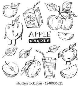 Drawing with the image of apples in different versions. Vector illustration. Hand drawing. The style of engraving.